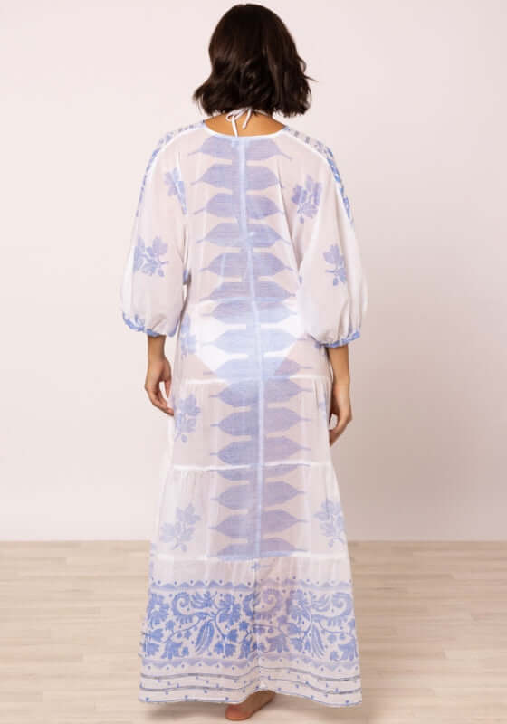 Dhaka V Neck Kaftan Blue by Juliet Dunn, showcasing back view with balloon sleeves and intricate blue floral patterns.