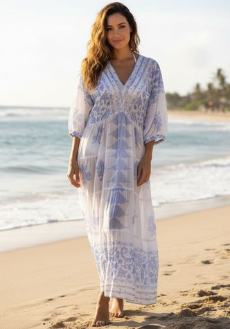 Dhaka V Neck Kaftan Blue