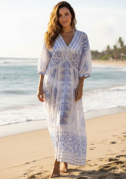 Dhaka V Neck Kaftan Blue