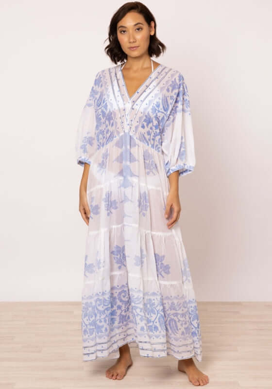 Dhaka V Neck Kaftan Blue by Juliet Dunn, lightweight cotton dress with deep V neckline and tiered hemline in blue and white.