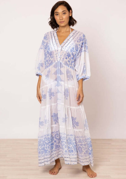 Dhaka V Neck Kaftan Blue by Juliet Dunn, lightweight cotton dress with deep V neckline and tiered hemline in blue and white.