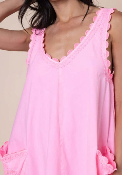 Ric Rac Low Back Dress Flamingo by Juliet Dunn, pink dress with scalloped trim and patch pockets.