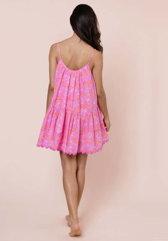 Floral Strappy Mini Dress Fuchsia by Juliet Dunn, showcasing the back view of the stylish dress in a stunning pink floral pattern.