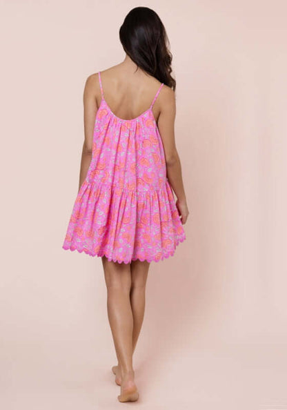Floral Strappy Mini Dress Fuchsia by Juliet Dunn, showcasing the back view of the stylish dress in a stunning pink floral pattern.