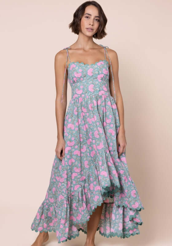 Gingko High-Lo Dress Cactus by Juliet Dunn featuring a playful cactus print and feminine scalloped hem.