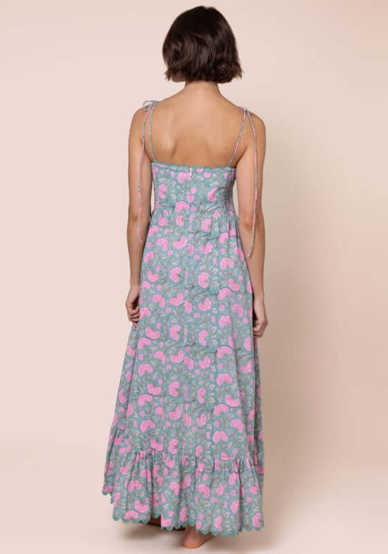 Gingko High-Lo Dress Cactus by Juliet Dunn showcasing the back view with adjustable spaghetti straps and a scalloped hem.