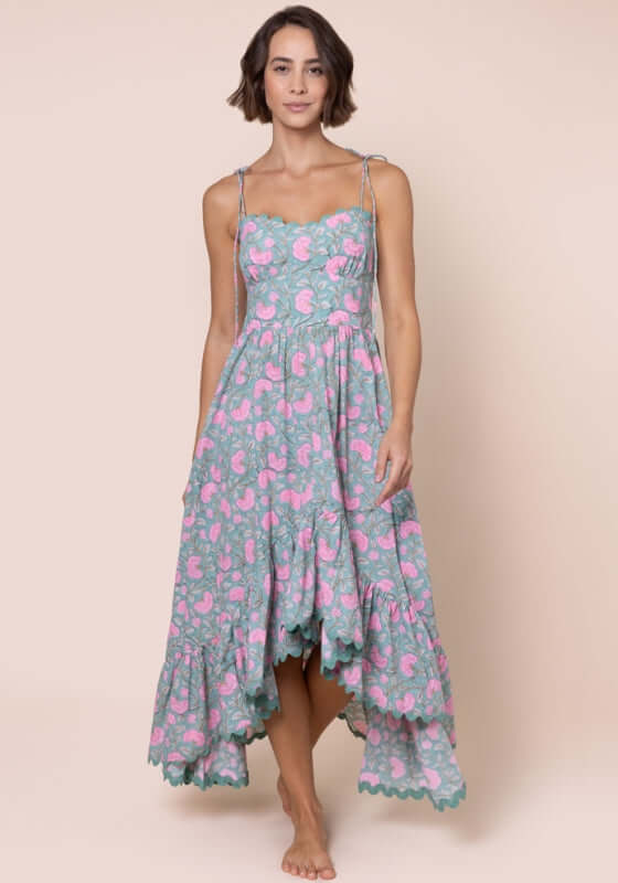 Gingko High-Lo Dress Cactus by Juliet Dunn, showcasing playful cactus and candy print with a sweetheart neckline and scalloped hem.