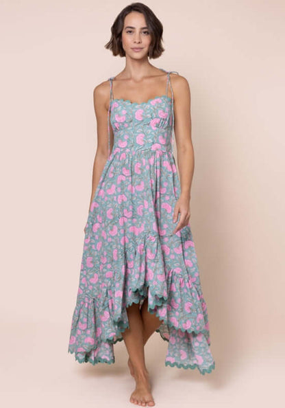 Gingko High-Lo Dress Cactus by Juliet Dunn, showcasing playful cactus and candy print with a sweetheart neckline and scalloped hem.
