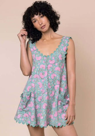 Gingko Low Back Dress Cactus by Juliet Dunn, featuring a vibrant floral print with scalloped hem and low back design.