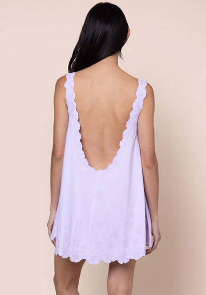 Poplin Floral Low Back Dress Lilac by Juliet Dunn, showcasing a low back design in soft lilac fabric.