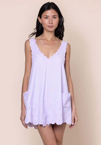Poplin Floral Low Back Dress Lilac by Juliet Dunn, featuring a lilac color, a low back, and practical patch pockets.