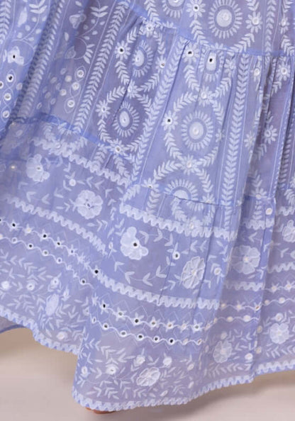 Mexican Embroidered V Neck Kaftan Hydrangea by Juliet Dunn, close-up of intricate embroidery and tiered hemline on lightweight cotton.