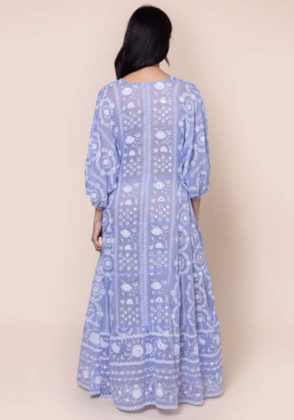 Mexican Embroidered V Neck Kaftan Hydrangea by Juliet Dunn, showcasing the back view and intricate embroidery on a flowing dress.