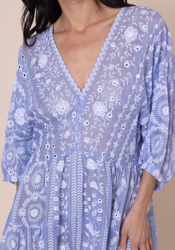 Mexican Embroidered V Neck Kaftan Hydrangea by Juliet Dunn, featuring a deep V neckline and intricate floral embroidery.