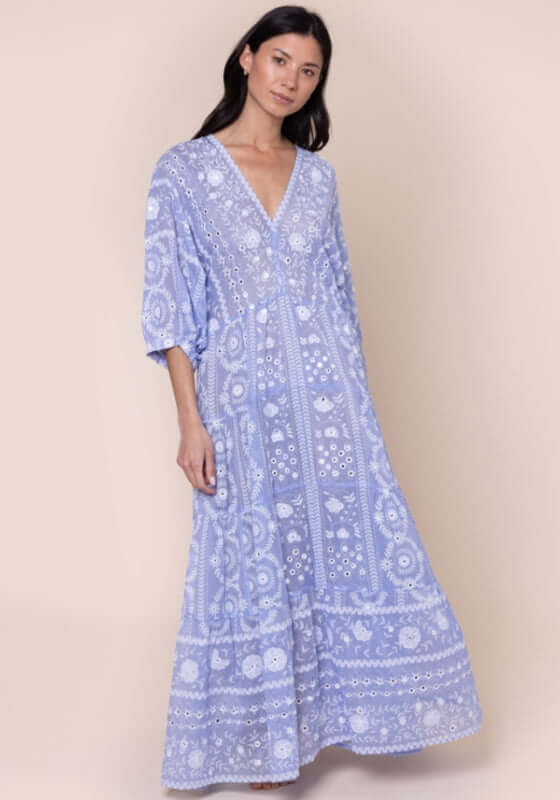 Mexican Embroidered V Neck Kaftan Hydrangea by Juliet Dunn, showcasing a lightweight dress in a breezy blue design.