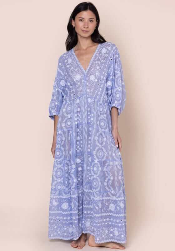 Mexican Embroidered V Neck Kaftan Hydrangea by Juliet Dunn, featuring a relaxed silhouette and intricate embroidery.