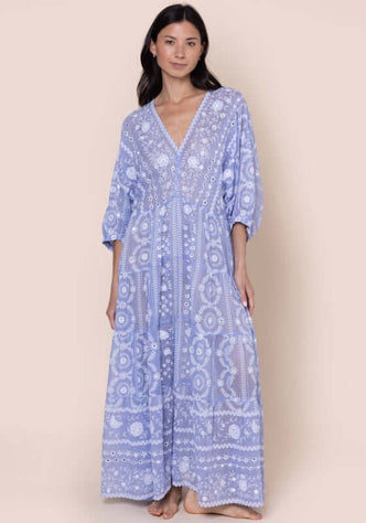 Mexican Embroidered V Neck Kaftan Hydrangea by Juliet Dunn, featuring a relaxed silhouette and intricate embroidery.