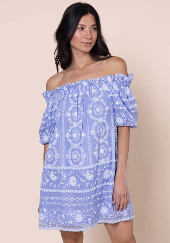 Mexican Embroidered Off Shoulder Dress Hydrangea by Juliet Dunn, featuring playful puff sleeves and vibrant Mexican-inspired embroidery.