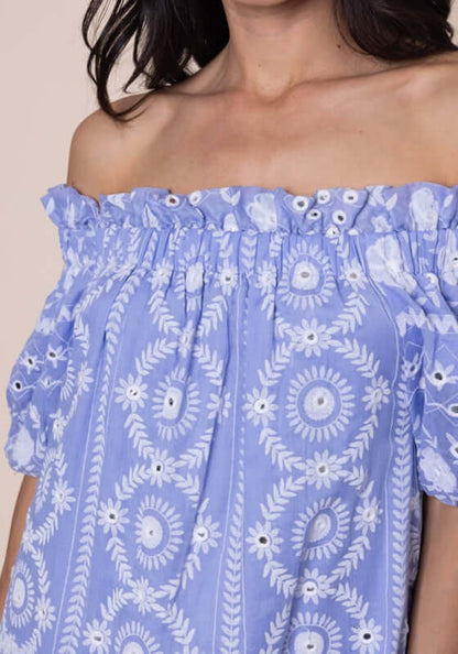 Mexican Embroidered Off Shoulder Dress Hydrangea by Juliet Dunn featuring playful puff sleeves and intricate embroidery.