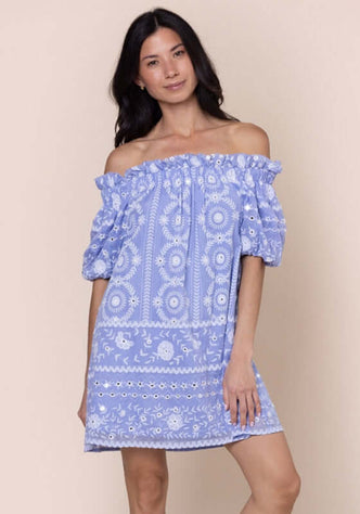 Mexican Embroidered Off Shoulder Dress Hydrangea by Juliet Dunn, featuring blue embroidery and playful puff sleeves.