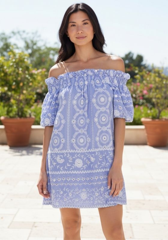 Mexican Embroidered Off Shoulder Dress Hydrangea by Juliet Dunn, showcasing a model wearing a stylish light blue dress with embroidery.