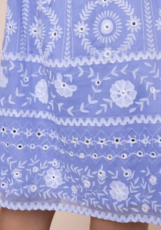 Mexican Embroidered Off Shoulder Dress Hydrangea by Juliet Dunn featuring intricate white embroidery on soft hydrangea blue fabric.