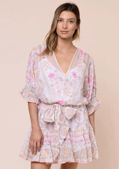 Mexican Embroidered Mini Beach Dress by Juliet Dunn, featuring pink embroidery and a relaxed, breezy silhouette.