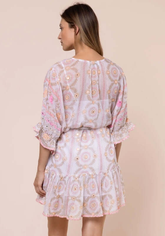 Mexican Embroidered Mini Beach Dress by Juliet Dunn, showcasing the back view with delicate pink embroidery and a breezy silhouette.