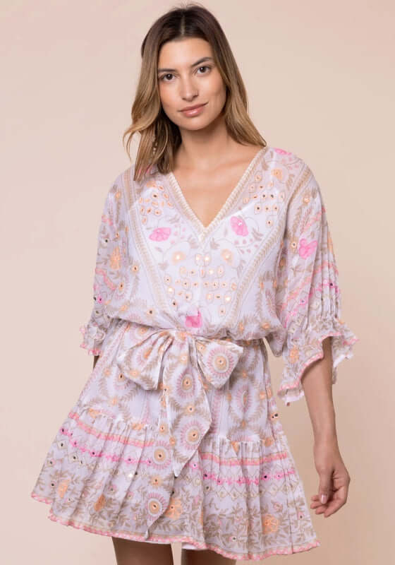 Mexican Embroidered Mini Beach Dress by Juliet Dunn, featuring pink embroidery and a breezy silhouette.