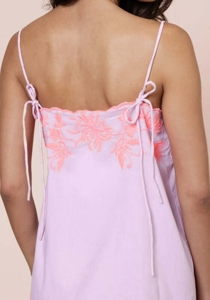 Butterfly Tie Strap Mini Dress Petal Pink by Juliet Dunn showing delicate embroidered back with tie straps.