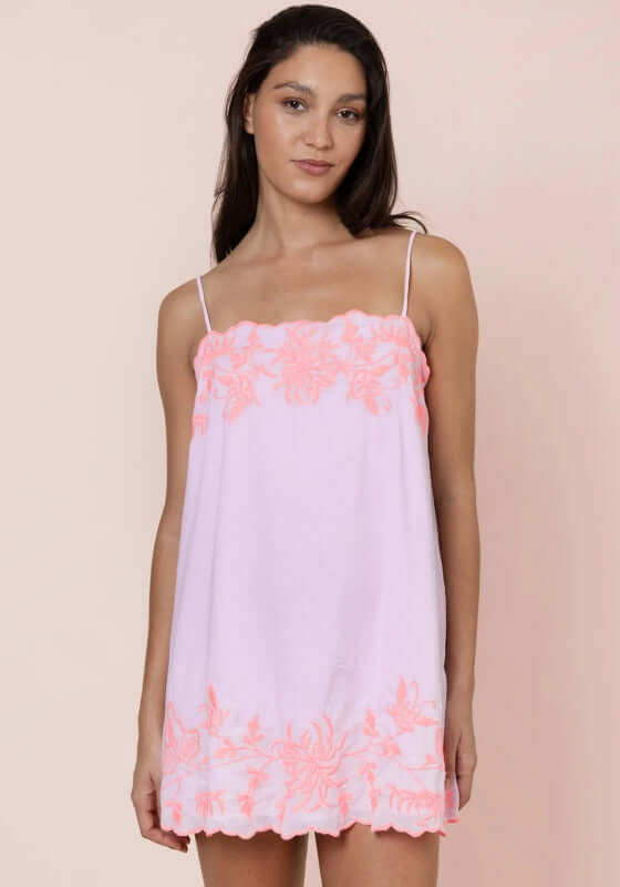Butterfly Tie Strap Mini Dress Petal Pink by Juliet Dunn, featuring delicate pink and coral embroidered details.