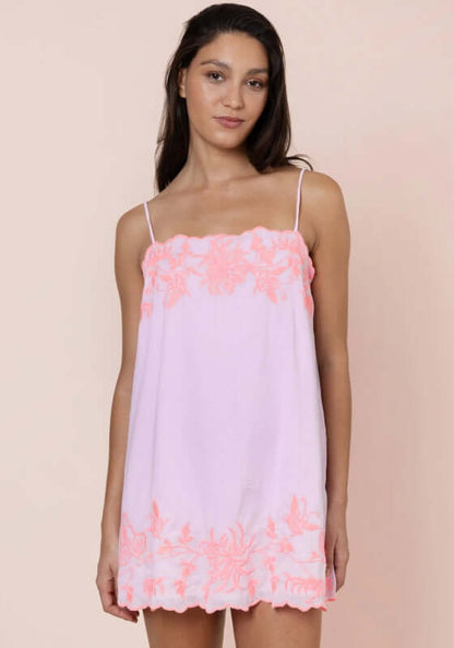 Butterfly Tie Strap Mini Dress Petal Pink by Juliet Dunn, featuring delicate pink and coral embroidered details.