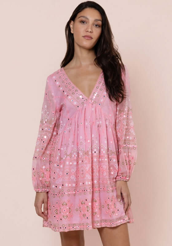 Mosaic Mini Dress Candy by Juliet Dunn featuring a stylish pink mosaic print and a flowy design.