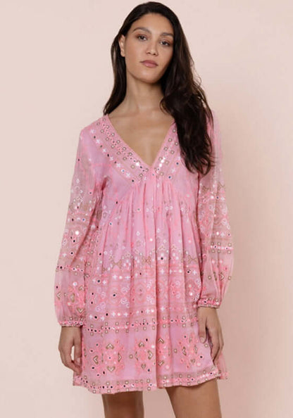 Mosaic Mini Dress Candy by Juliet Dunn featuring a stylish pink mosaic print and a flowy design.