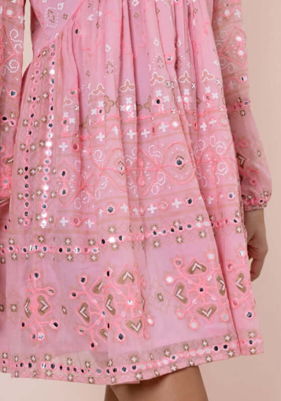 Mosaic Mini Dress Candy by Juliet Dunn featuring a stunning pink mosaic print with intricate beading and embroidery details.