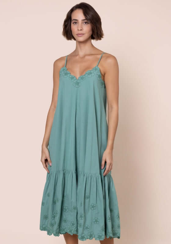 Poplin Midi Dress Cactus by Juliet Dunn, featuring a V-neckline, spaghetti straps, and floral embroidery in cactus green.