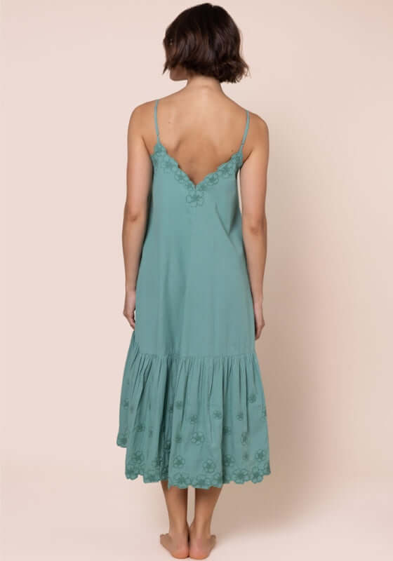 Poplin Midi Dress Cactus by Juliet Dunn, back view of a relaxed-fit dress in cactus green with floral embroidery.