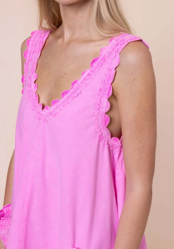 Poplin Low Back Dress Hibiscus by Juliet Dunn, featuring a stylish pink dress with scalloped edges and a relaxed fit.