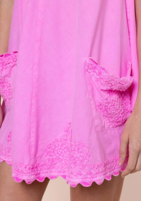 Poplin Low Back Dress Hibiscus by Juliet Dunn featuring playful patch pockets and scalloped hem in vibrant pink.