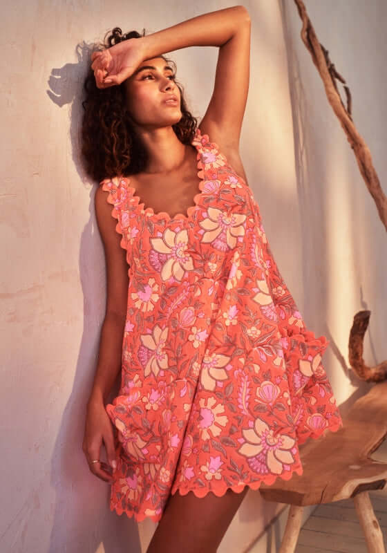 juliet dunn low back dress coral florsl