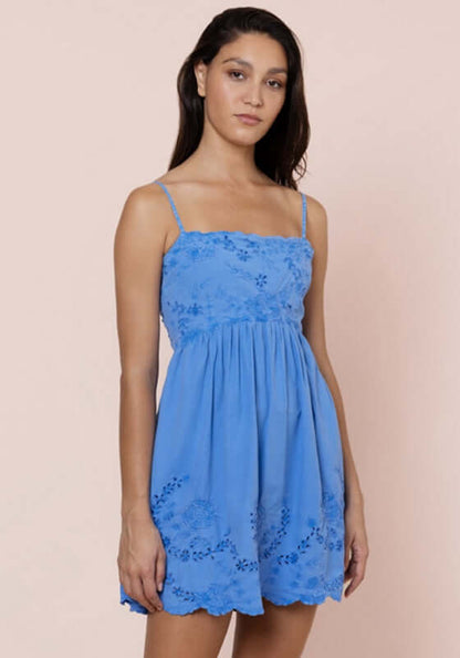 Poplin Tie Back Dress Ocean Blue by Juliet Dunn, a charming mini dress in vibrant blue with tie back and spaghetti straps.