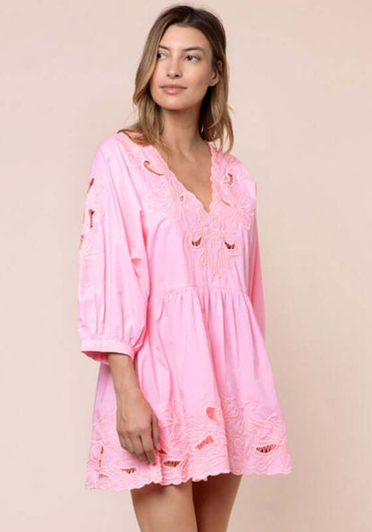 Poplin Tiered Mini Dress Paloma by Juliet Dunn, featuring a V-neckline and delicate embroidery in soft pink.