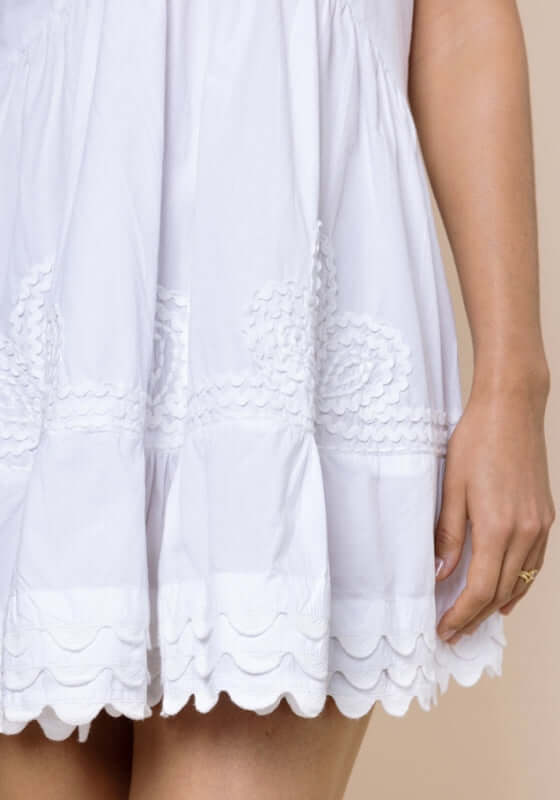 Poplin V Neck Mini Dress White by Juliet Dunn showcasing delicate scalloped embroidery at the hem.