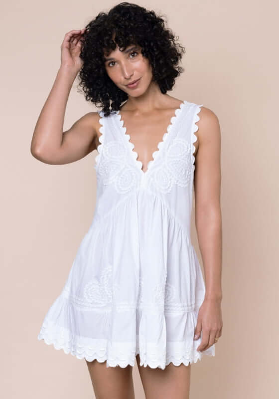 Poplin V Neck Mini Dress White by Juliet Dunn featuring a V neckline and scalloped embroidered hem, perfect for warm weather.