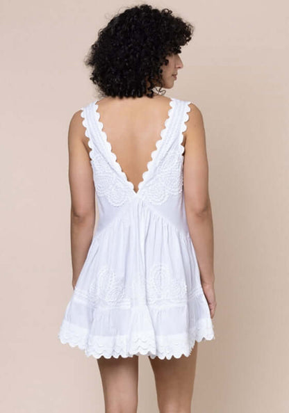 Poplin V Neck Mini Dress White by Juliet Dunn showcasing the back view with scalloped embroidery and V back design.