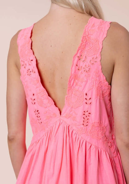 Poplin V Neck Mini Dress Watermelon by Juliet Dunn, showcasing the V back design and scalloped embroidered detailing.