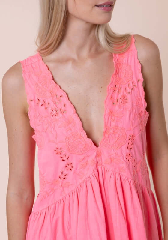 Poplin V Neck Mini Dress Watermelon by Juliet Dunn, featuring V neckline and scalloped embroidered detailing.