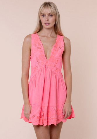 Poplin V Neck Mini Dress Watermelon