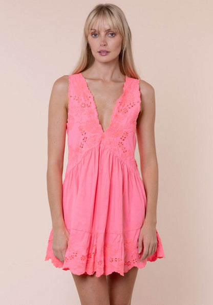 Poplin V Neck Mini Dress Watermelon