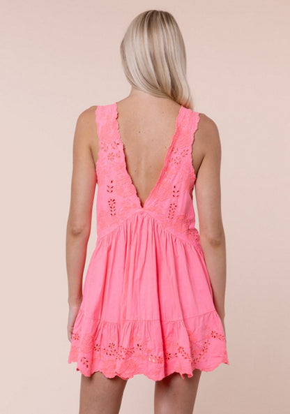 Poplin V Neck Mini Dress Watermelon